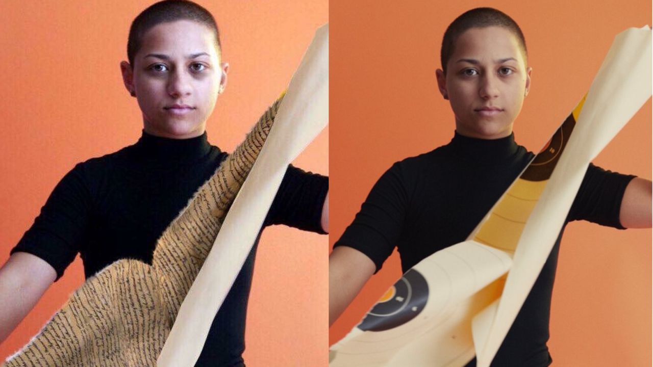 From left to right, photoshopped image of Gonzales ripping up the Constitution. Original Teen Vogue photo highlighting #MarchForOurLives activists, where Gonzalez was ripping a paper target. 