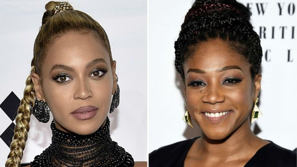 In this combination photo, Beyonce Knowles attends the Tidal X: 1015 benefit concert in New York on Oct. 15, 2016, left and "Girls Trip" actress Tiffany Haddish attends the New York Film Critics Circle Awards at TAO Downtown on Jan. 3, 2018, in New York. Haddish told GQ magazine in a profile released Monday, March 26, that someone allegedly bit Beyonce on the face at a party back in December. She didn't name the culprit but the story set off Beyonce's social media Beyhive of fie-hard fans and a whole lot of internet sleuthing. The mystery even has a hashtag: #WhoBitBeyonce. (Photo by Evan Agostini/Invision/AP) 