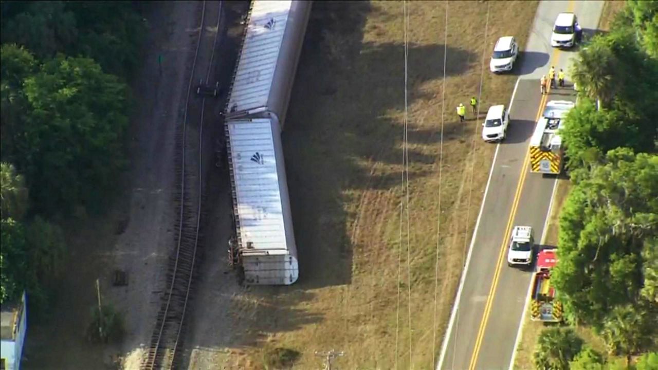 Volusia County Fire Rescue units respond to an Amtrak Auto Train derailment in DeLand early Thursday evening. No passengers were hurt. An Amtrak worker incurred minor injuries. (Sky 13)