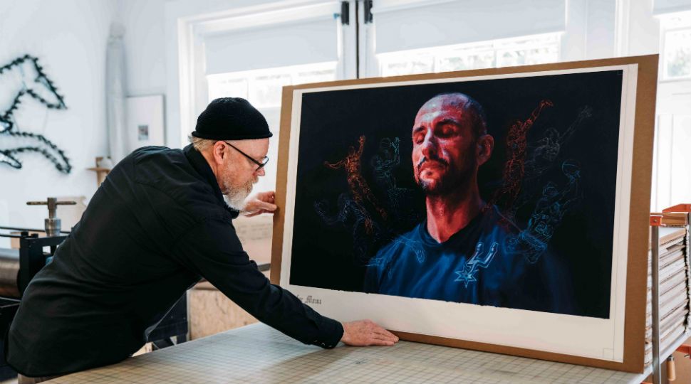 Gary Nichols, Co-Founder of Hare & Hound press, working on the limited-edition prints "Manu" by Vincent Valdez (Courtesy: San Antonio Spurs)