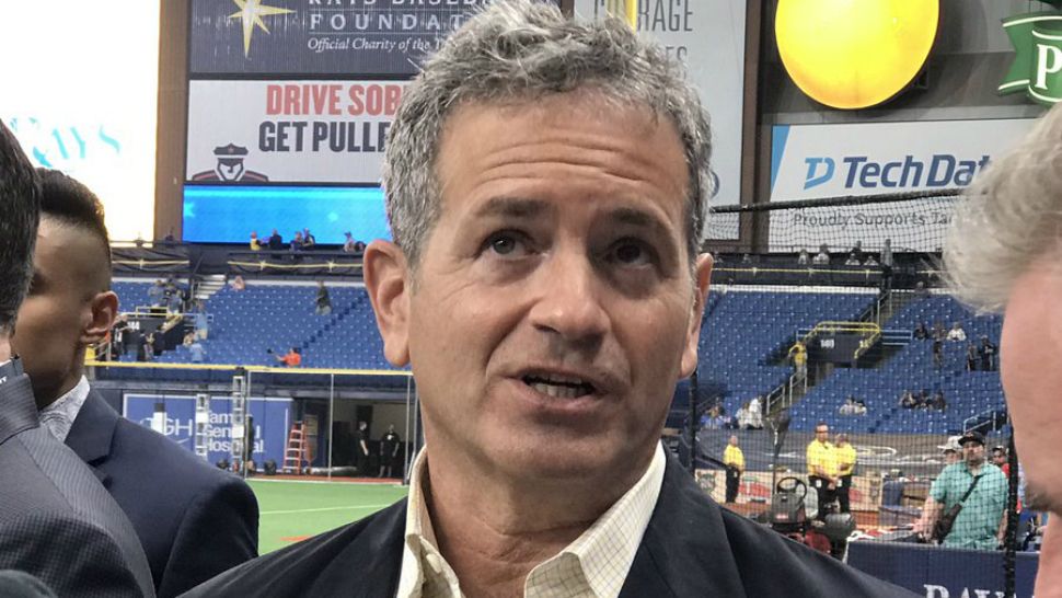 Tampa Bay Rays owner Stuart Sternberg speaks with reporters Thursday, which was Opening Day for Major League Baseball. (Chris Torello/Spectrum Bay News 9)