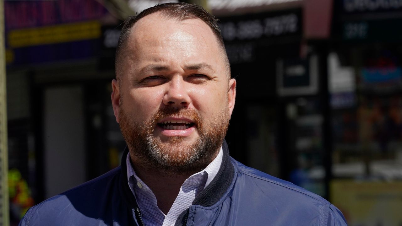 A March 29, 2021, file photo of City Council Speaker and Democratic city comptroller candidate Corey Johnson speaking to reporters during a campaign event in the Bronx