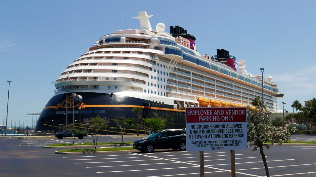 In this file photo from April 4, 2020, a Disney Cruise Line ship remains docked at Port Canaveral in Cape Canaveral, Florida. (John Raoux/AP)