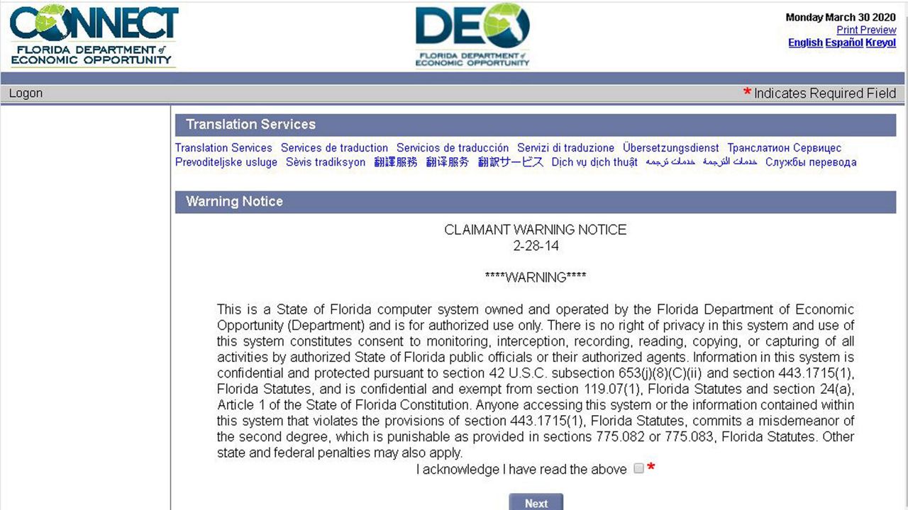 Florida Department of Economic Opportunity Connect website home page