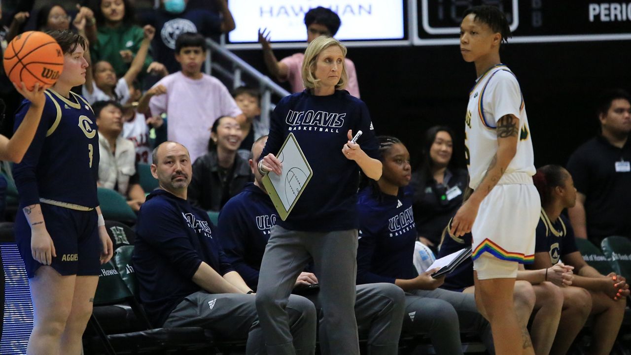UC Davis coach Jennifer Gross, seen at the Stan Sheriff Center on Feb. 29, led her Aggies to an upset victory over top-seeded Hawaii at the Dollar Loan Center in Henderson, Nev., on Friday.