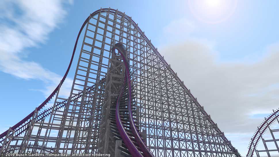 This artist rendering shows Busch Gardens's vision for the new steel-and-wood hybrid roller coaster they plan to open in 2020. When complete, it will be the tallest of its kind in North America, and the fastest, steepest hybrid coaster in the world. (Courtesy of Busch Gardens)