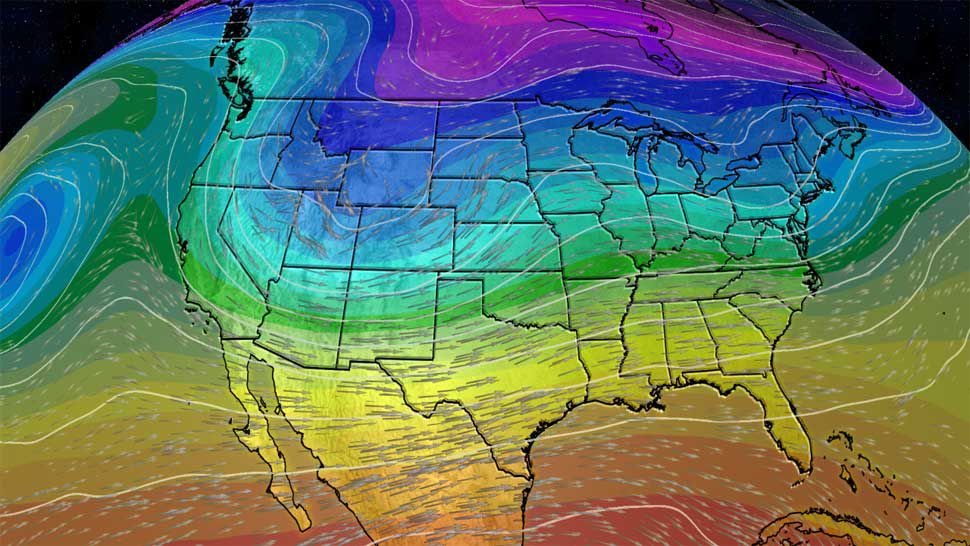 Weather image showing the jet stream pattern for much of the month of February 2019, and the mild pattern across Florida. (Spectrum Bay News 9)