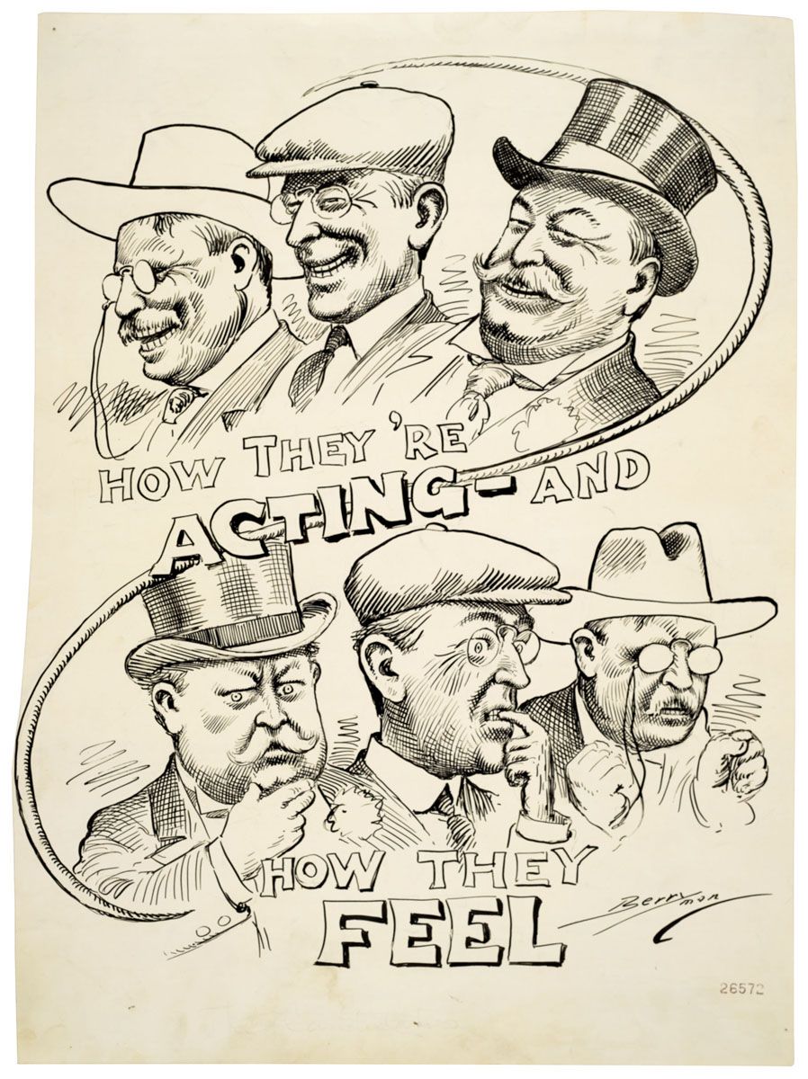 A political cartoon from 1912 showing Theodore Roosevelt (top left), Woodrow Wilson (top middle), and William Howard Taft (top right) before the Presidential Election. The divided cartoons reveals the confident public personas versus the nervousness each candidate undoubtedly feels. (Library of Congress)