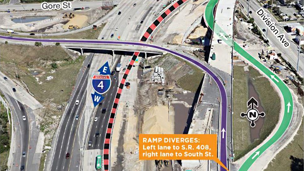 On the new ramp, there will be two lanes. The right lane leads to South Street and downtown Orlando. The left lane will lead to State Road 408. (I-4 Ultimate)