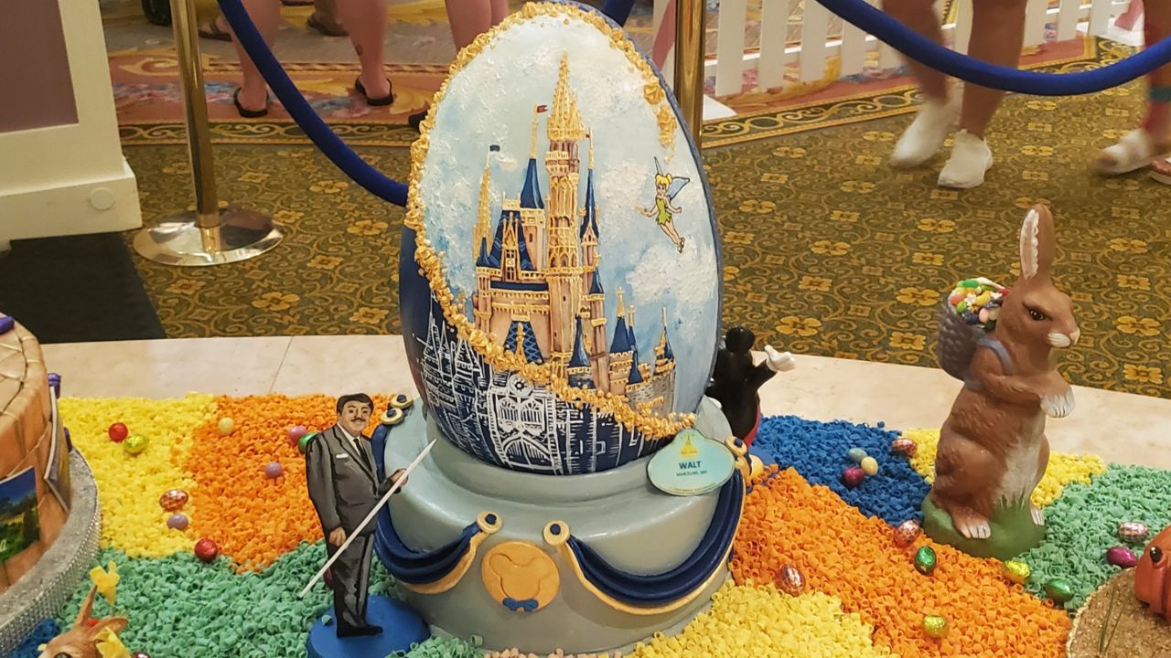 One of the Easter eggs on display at Disney's Grand Floridian Resort & Spa depicts the transformation of Cinderella Castle for Disney World's 50th anniversary celebration. (Spectrum News/Ashley Carter)