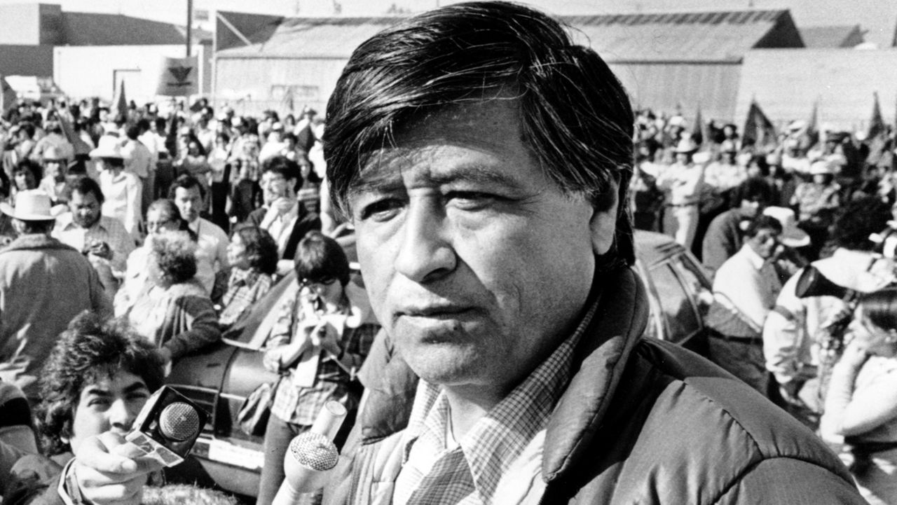 In this March 7, 1979, file photo, United Farm Workers President César Chávez talks to striking Salinas Valley farmworkers during a large rally in Salinas, Calif. (AP Photo/Paul Sakuma)