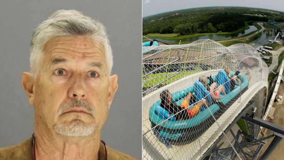 Pictured, from left, John Schooley (Image/Dallas County Jail). July 9, 2014 photo of Verruckt waterslide. (AP/Charlie Riedel, File)