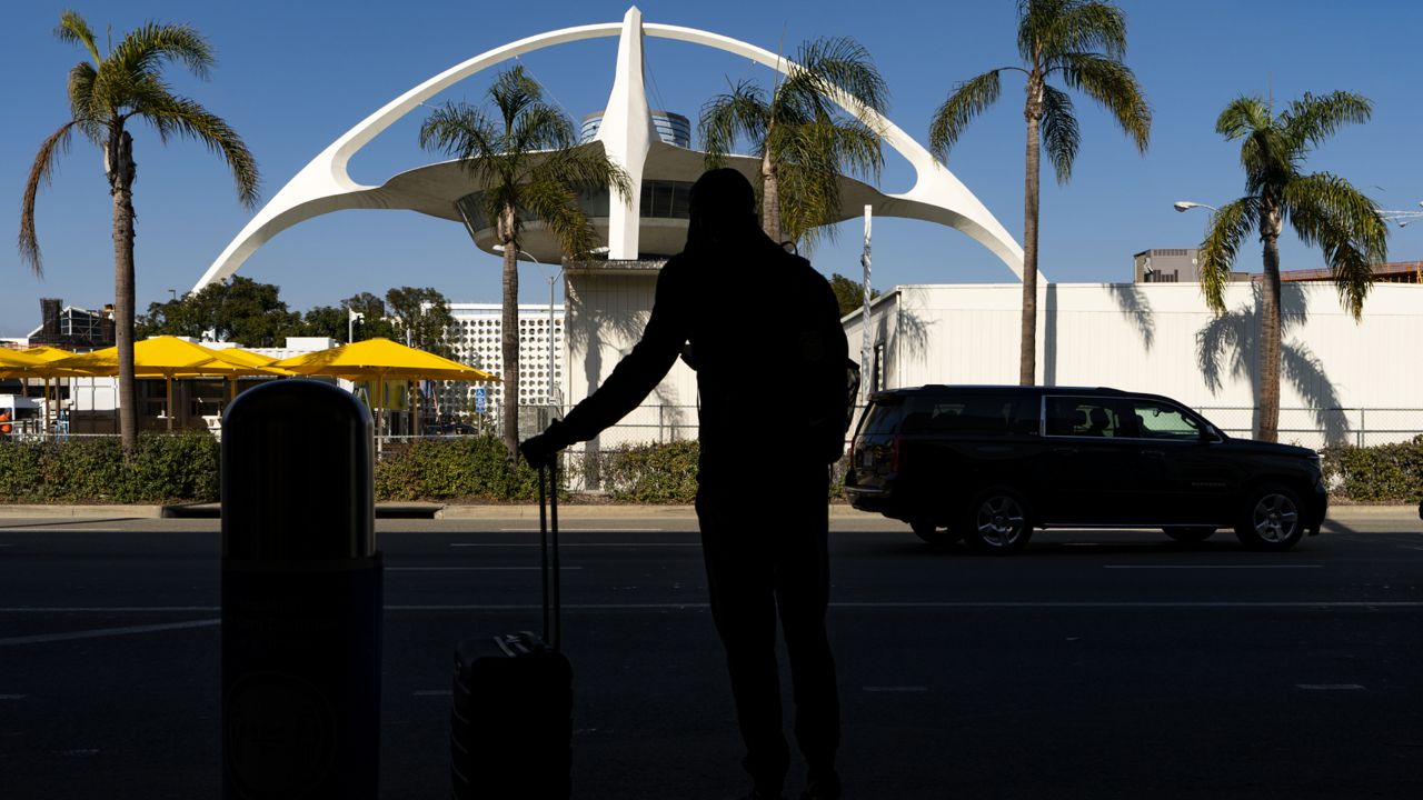 A travelers awaits for transportation at the Los Angeles International Airport in Los Angeles Wednesday, Nov. 25, 2020. (AP Photo/Damian Dovarganes) 