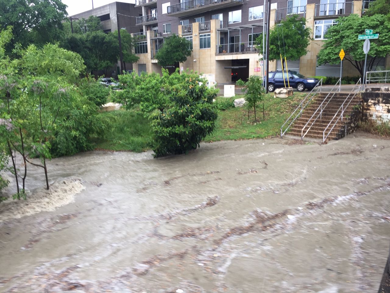 Rain filled up Shoal Creek near a downtown Austin apartment complex on Saturday, April 6, 2019. 