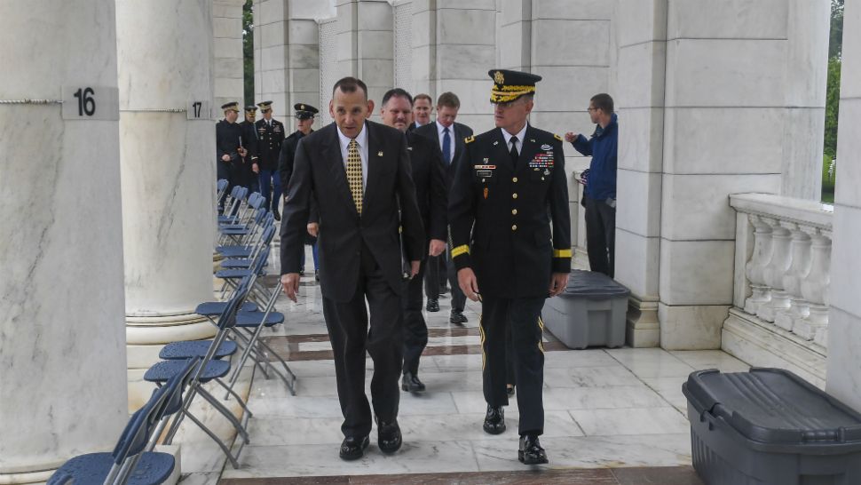 In this file photo from May 25, 2017, U.S. Secret Service Director Randolph D. Alles (left) walks with U.S. Army Maj. Gen. Michael L. Howard during a wreath-laying ceremony at Arlington National Cemetery in Virginia. (Zane Ecklund/U.S. Army)