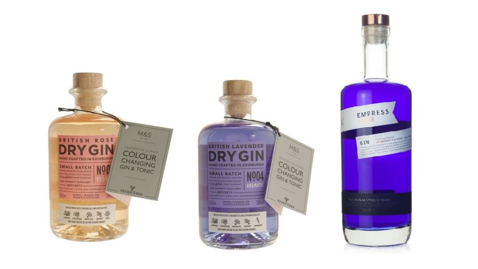 Pictured, left to right, British Rose color-changing gin, British Lavender gin (Courtesy/Marks and Sons), Old Empress color-changing gin. (Courtesy/Old Empress)