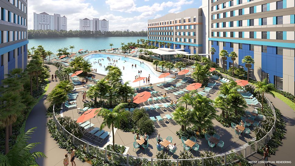 Concept art of the pool area at Universal's Surfside Inn and Suites. (Courtesy of Universal)