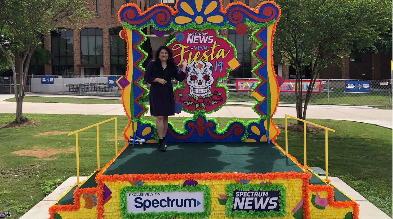 Reporter Annette Garcia at Spectrum News Fiesta Stage ahead of Oyster Bake on St. Mary's University campus (Spectrum News)