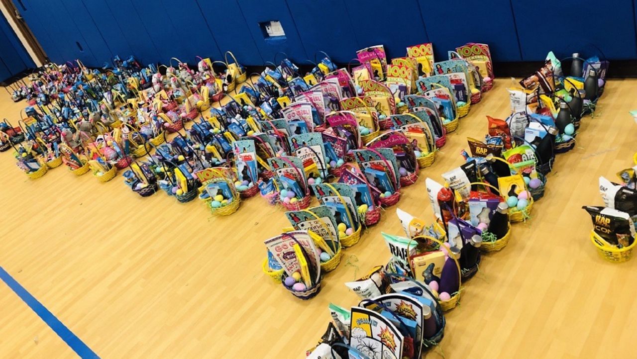 Easter baskets for distribution at Metropolitan Ministries. (Gabrielle Arzola, Spectrum News)