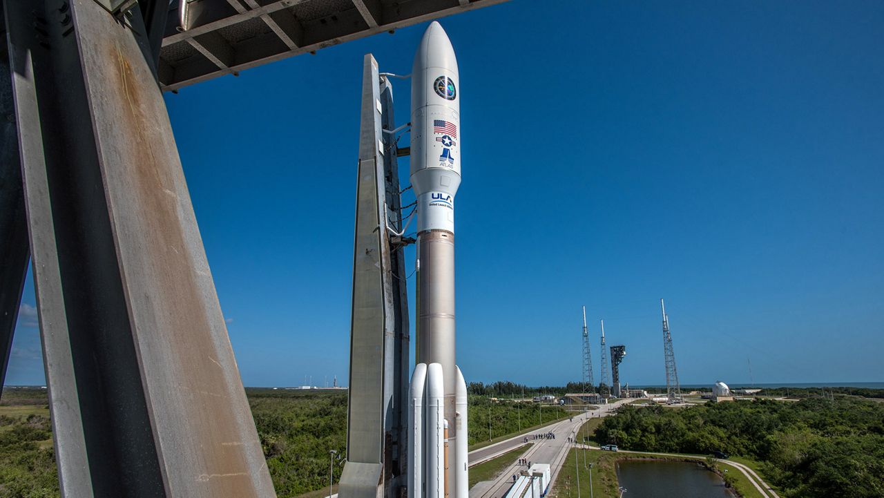 An Atlas V rocket is rolled to the launch pad at Cape Canaveral Air Force Station ahead of Saturday, April 14's launch. (United Launch Alliance)