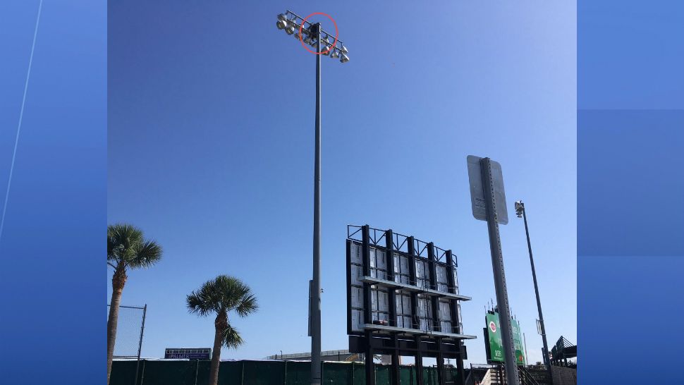 The Daytona Tortugas, a minor league baseball team in Florida, is moving its post-game fireworks from the left-center-field section to the right-field side after a pair of ospreys built their nest in the left-field light pole. (Vincent Earley, Spectrum News 13 staff)