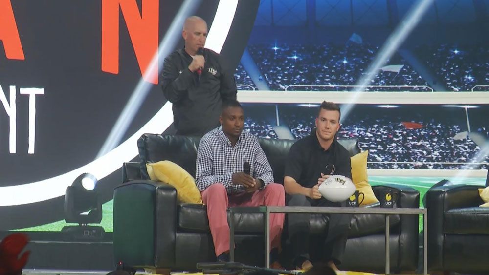 McKenzie Milton and Mazzi Wilkins take a seat at the Better Man event at UCF Saturday. (Spectrum News)
