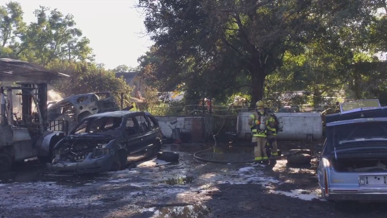 Fire crews responded to Core Support Automotive Recycling at 6503 E Broadway Avenue around 5:30 p.m. on Monday and found heavy smoke coming from the rear salvage yard. (Tampa Fire Rescue)