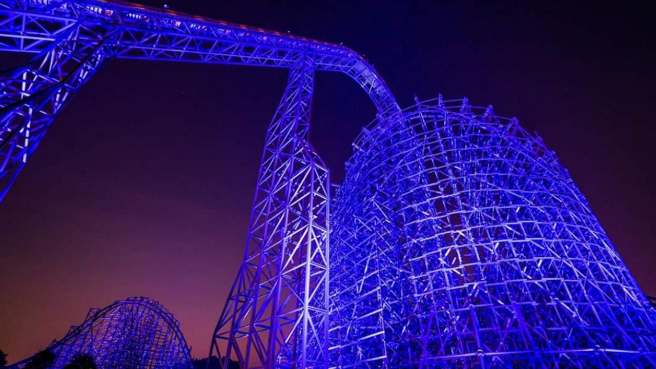 Busch Gardens Tampa Bay turned its newest roller coaster Iron Gwazi blue to honor health care workers on the front lines in the fight against COVID-19. (Courtesy of Busch Gardens)