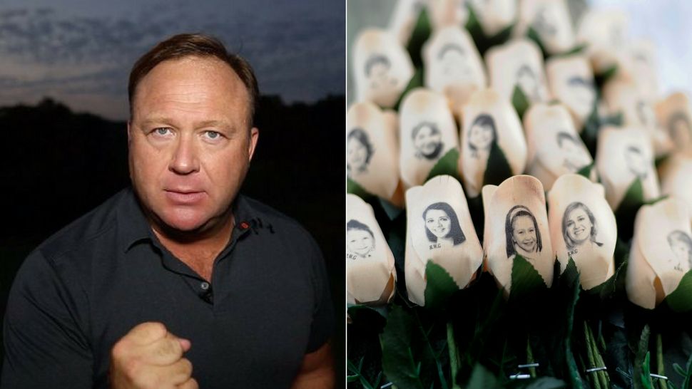 From left to right. Alex Jones, undated. (Courtesy/Twitter) FILE - In this Jan. 14, 2013 file photo, white roses with the faces of victims of the Sandy Hook Elementary School shooting are attached to a telephone pole near the school on the one-month anniversary of the shooting that left 26 dead in Newtown, Conn. (AP Photo/Jessica Hill, File)
