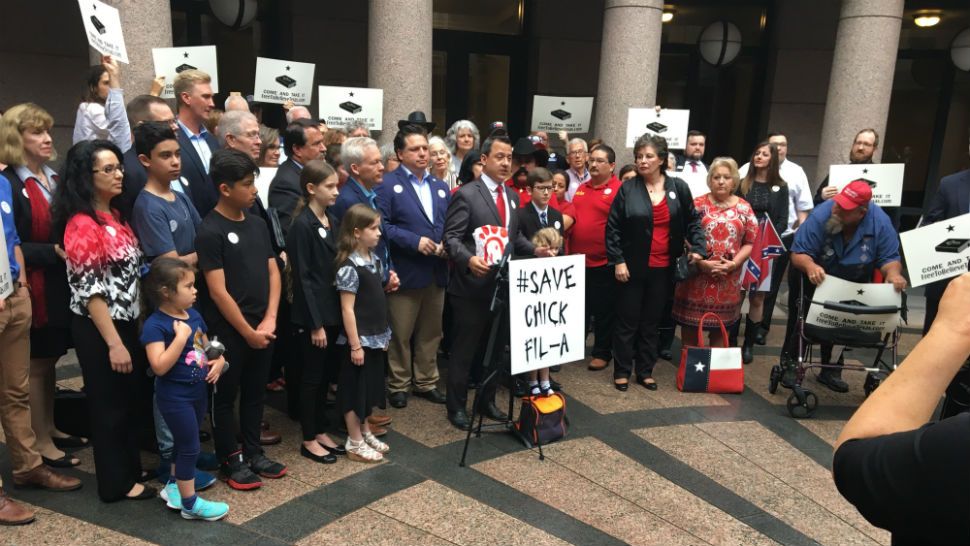 Texas Values is at the State Capitol asking for support for Chick-Fil-A after the restaurant was banned from the San Antonio Airport. (Spectrum News)