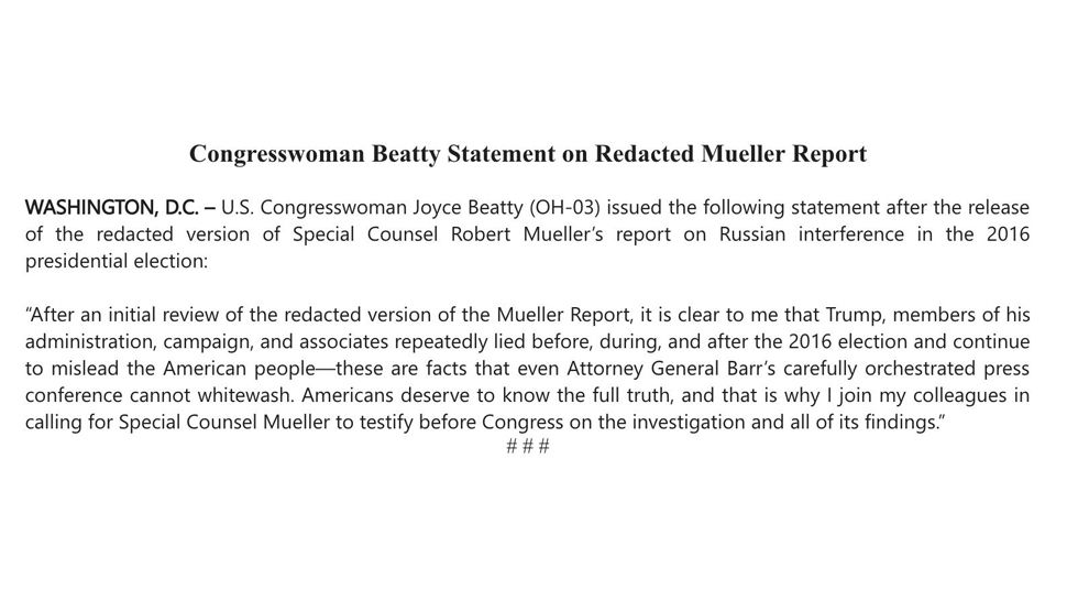 Rep. Joyce Beatty statement on the Mueller Report