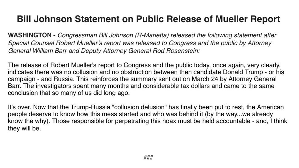 Rep. Bill Johnson statement on the Mueller Report