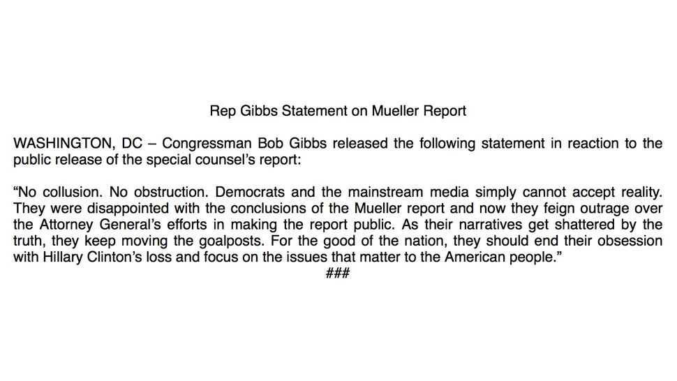 Rep. Bob Gibbs statement on the Mueller Report