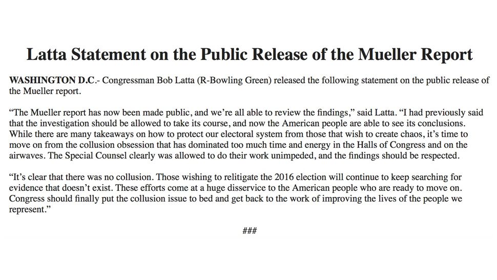 Rep. Bob Latta statement on the Mueller Report
