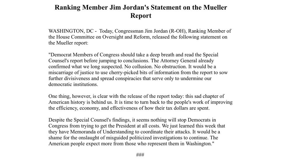 Rep. Jim Jordan statement on the Mueller Report