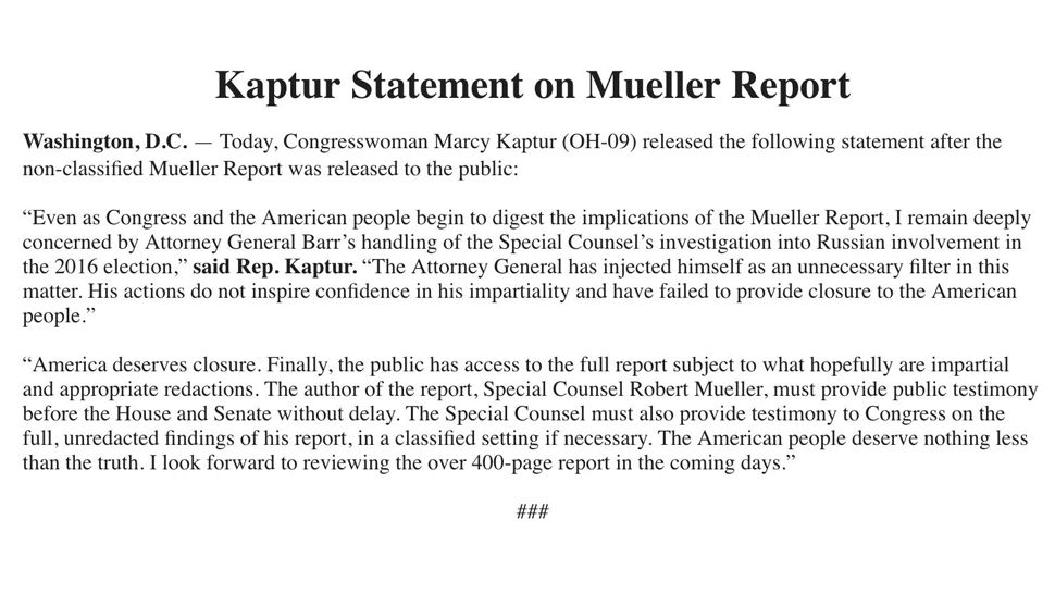 Rep. Marcy Kaptur statement on the Mueller Report