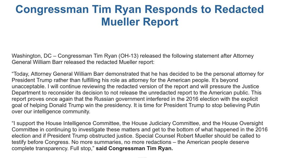 Rep. Tim Ryan statement on the Mueller Report