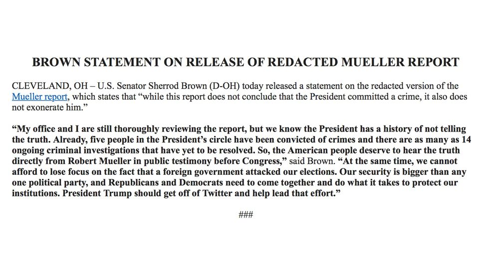Senator Sherrod Brown statement on the Mueller Report