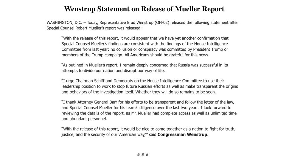 Rep. Brad Wenstrup statement on the Mueller Report