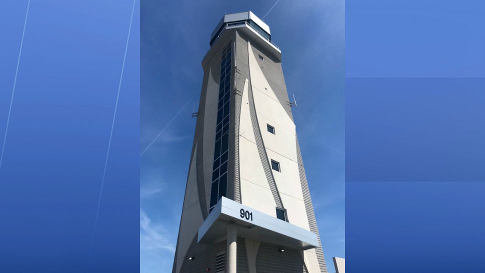 The lights above the new control tower at Orlando Melbourne International Airport will be illuminated -- briefly -- for the 1st time Wednesday night. (Greg Pallone, staff)