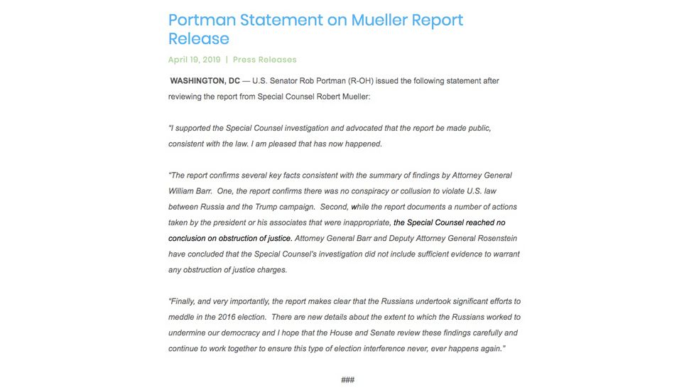 Senator Rob Portman statement on the Mueller Report