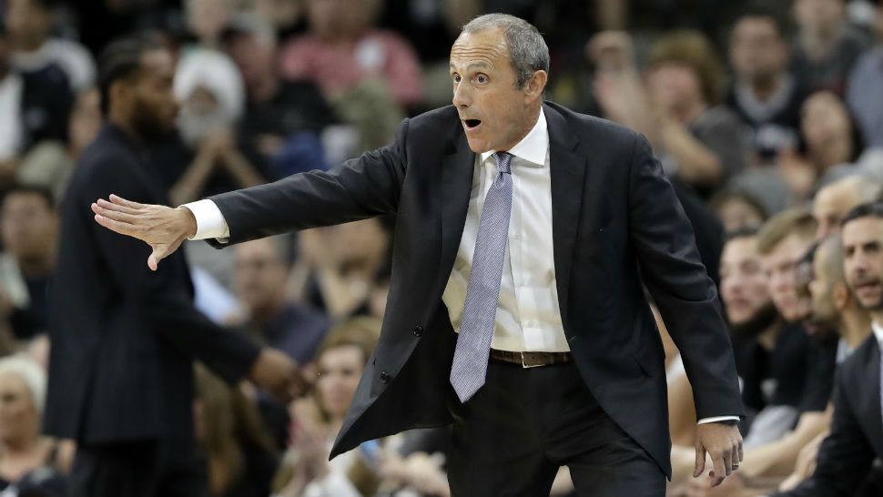San Antonio Spurs assistant coach Ettore Messina signals to his players during the second half of an NBA basketball game against the New Orleans Pelicans, Wednesday, Feb. 28, 2018, in San Antonio. New Orleans won 121-116. (AP Photo/Eric Gay)