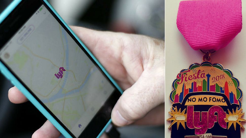 Pictured, left to right, person requests a Lyft ride on their phone. First-ever Fiesta medal. (Courtesy/Lyft)