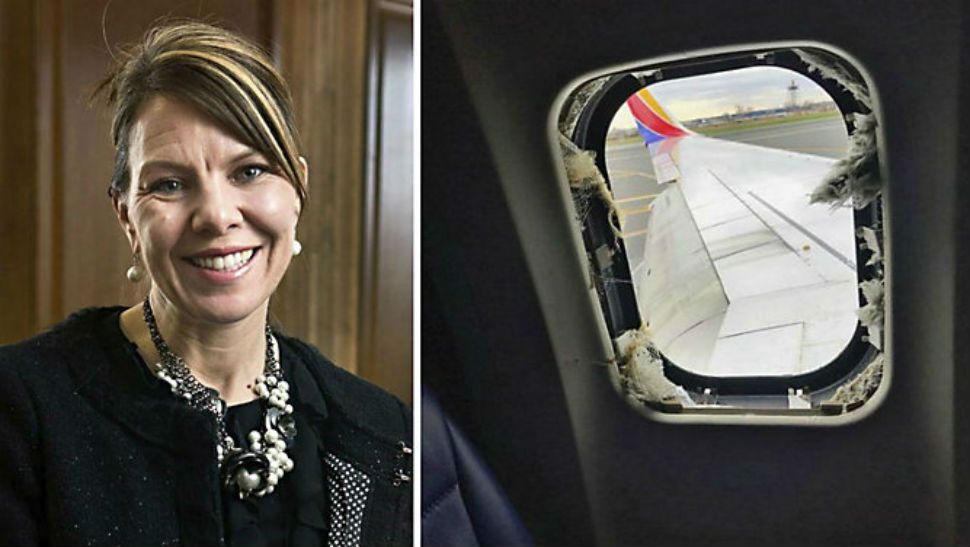 In this 2017 photo, Jennifer Riordan, of Albuquerque, N.M., poses for a photo in Albuquerque. Family, friends and community leaders are mourning the death of Riordan, a bank executive on a Southwest Airlines jet that blew an engine as she was flying home from a business trip to New York. (Marla Brose/The Albuquerque Journal via AP)