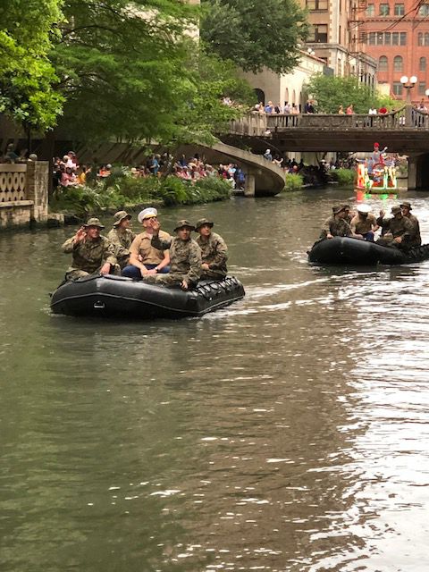 The 4th Reconnaissance Battalion opens the Texas Cavaliers River Parade