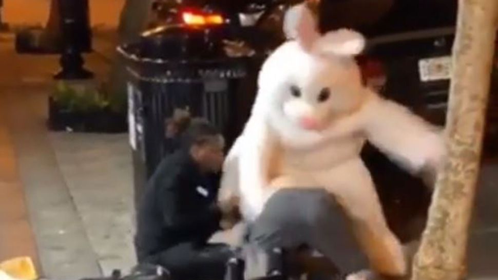 A person dressed as the Easter Bunny jumped into the middle of a fight in downtown Orlando. (Courtesy of Workfth)