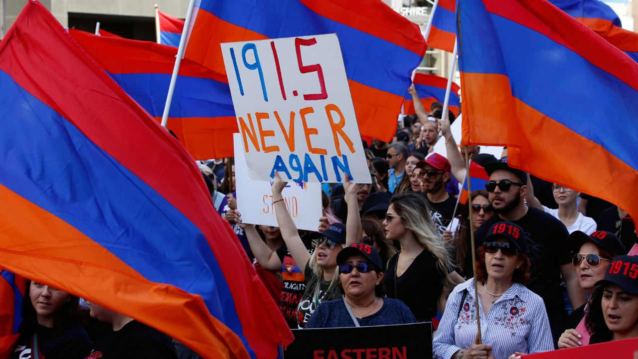 Huge crowds of Armenian Americans march during an annual commemoration of the deaths of 1.5 million Armenians under the Ottoman Empire in Los Angeles Wednesday, April 24, 2019. (AP Photo/Damian Dovarganes)