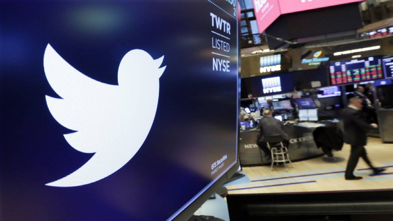 In this Feb. 8, 2018 file photo, the logo for Twitter is displayed above a trading post on the floor of the New York Stock Exchange. (AP Photo/Richard Drew)