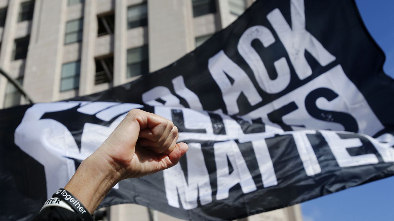A person raises their fist in front of a Black Lives Matter flag after the 2020 presidential election is called for President-elect Joe Biden in Los Angeles, Saturday, Nov. 7, 2020. (AP Photo/Ringo H.W. Chiu)