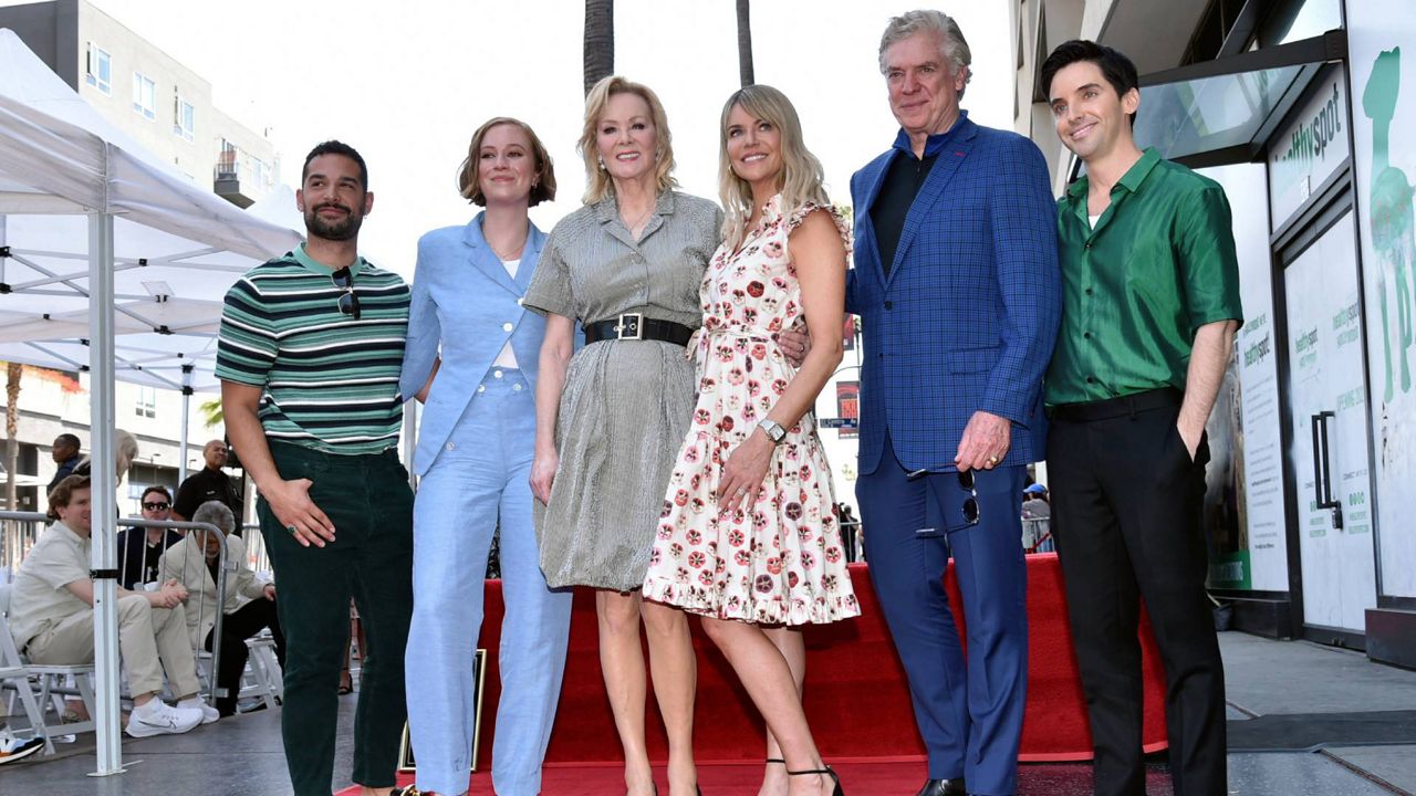 Johnny Sibilly, from left, Hannah Einbinder, Jean Smart, Kaitlin Olson, Christopher McDonald and Paul W. Downs attend a ceremony honoring Jean with a star on the Hollywood Walk of Fame on Monday in Los Angeles. (Photo by Richard Shotwell/Invision/AP)